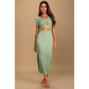 Lulus Style Twist Sage Green Twist Front Cutout Midi Dress - Size M